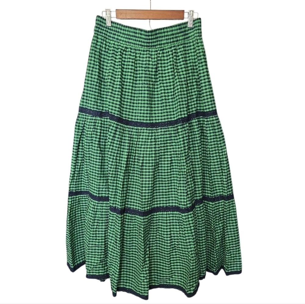 Anthropologie Green and Black Tiered Gingham Checkered Maxi Skirt - Picture 2 of 6